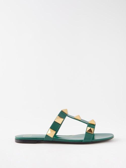Valentino Garavani - Roman Stud Leather Flat Sandals - Womens - Dark Green