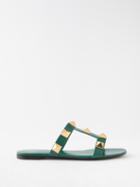 Valentino Garavani - Roman Stud Leather Flat Sandals - Womens - Dark Green