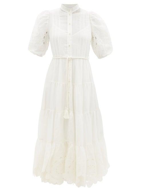 Ladies Beachwear Zimmermann - Teddy Tiered Embroidered Ramie Midi Dress - Womens - Ivory