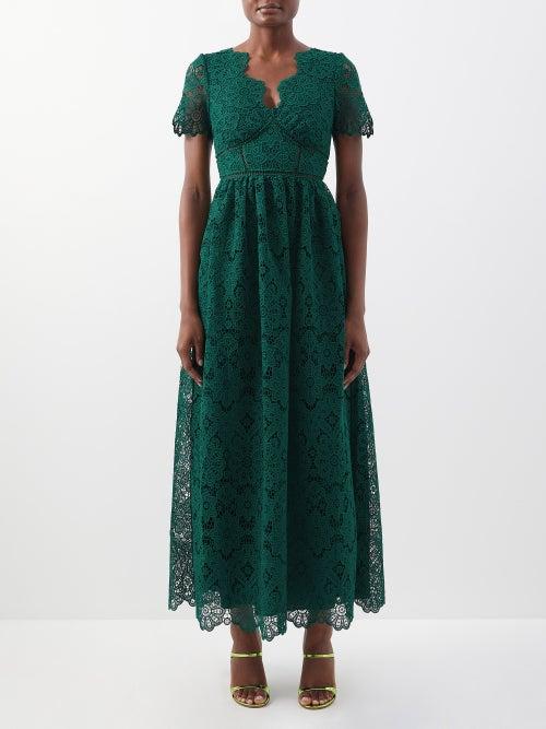 Self-portrait - Floral Guipure-lace Maxi Dress - Womens - Dark Green