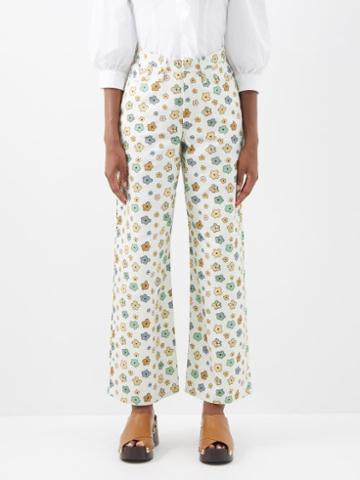Shrimps - Blanka Floral-print Organic-cotton Trousers - Womens - Ivory Multi