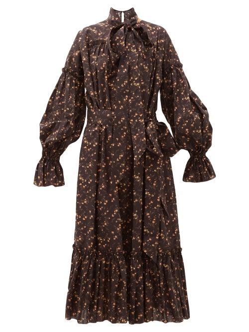 Matchesfashion.com The Vampire's Wife - The Kaftan Floral-print Cotton Midi Dress - Womens - Black Yellow