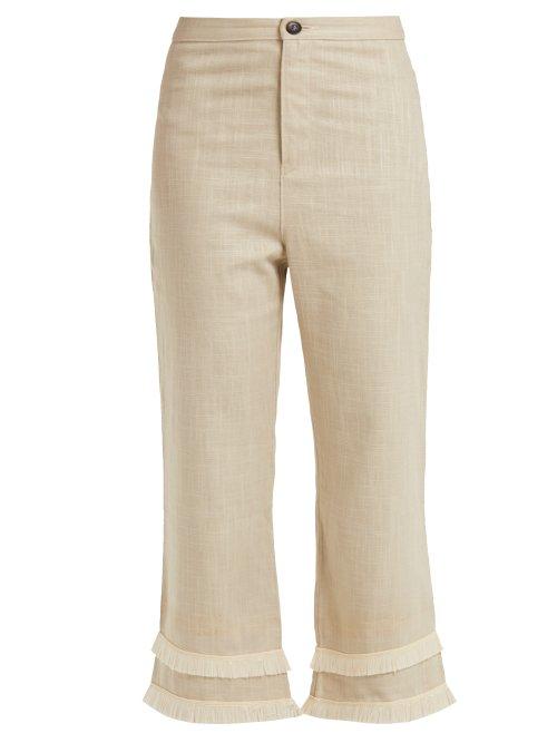 Matchesfashion.com Staud - Cassie Raffia Trimmed Linen Blend Trousers - Womens - Khaki