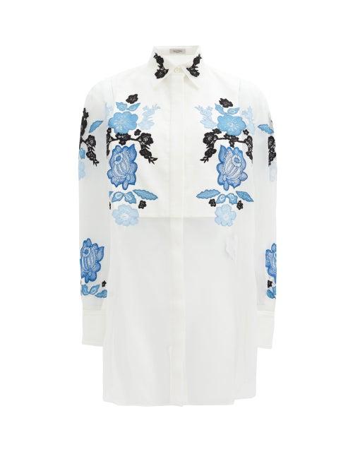 Matchesfashion.com Valentino - Floral Lace-embroidered Silk-organza Shirt - Womens - Blue White
