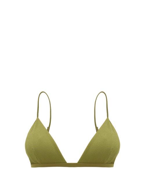 Matchesfashion.com Ganni - Ribbed Seersucker Jersey Bikini Top - Womens - Khaki