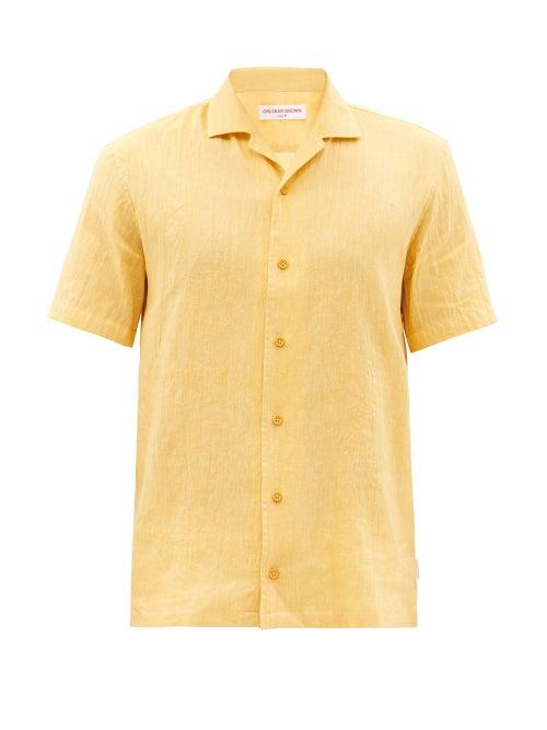 Mens Rtw Orlebar Brown - Hibbert Linen-blend Short-sleeved Shirt - Mens - Yellow