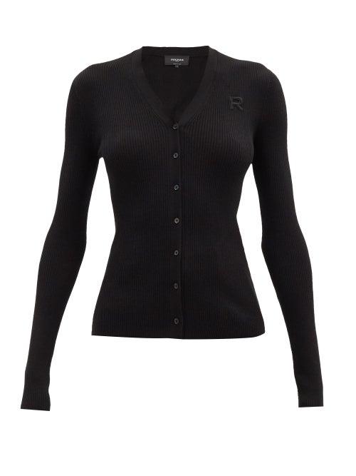 Matchesfashion.com Rochas - V-neck Logo-appliqu Ribbed Wool Cardigan - Womens - Black