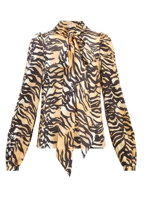 Matchesfashion.com Shrimps - Helen Tiger Print Tie Neck Silk And Cotton Blouse - Womens - Brown Multi