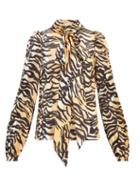 Matchesfashion.com Shrimps - Helen Tiger Print Tie Neck Silk And Cotton Blouse - Womens - Brown Multi