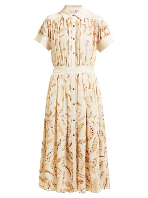 Matchesfashion.com Three Graces London - Honor Leaf Print Silk Crepe De Chine Midi Dress - Womens - Cream Multi