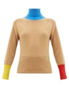 Matchesfashion.com La Fetiche - Colourblock Roll Neck Wool Sweater - Womens - Camel