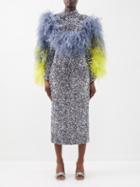 Germanier - Feather-trimmed Sequinned Dress - Womens - Silver Blue