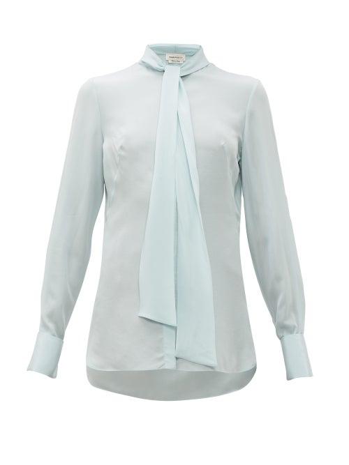 Matchesfashion.com Alexander Mcqueen - Pussy Bow Silk Crepe De Chine Blouse - Womens - Light Blue