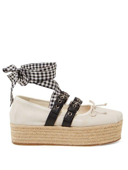 Matchesfashion.com Miu Miu - Buckle Fastening Leather Ballerina Espadrilles - Womens - White