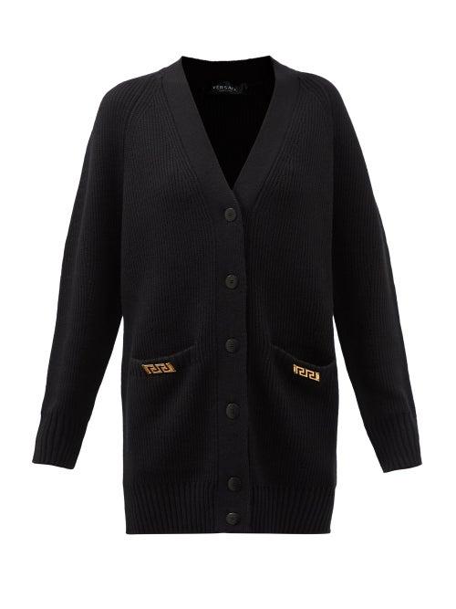 Versace - Greca-plaque Ribbed-wool Cardigan - Womens - Black