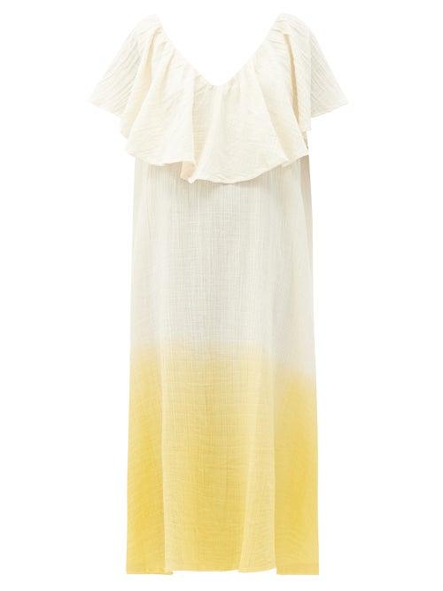 Matchesfashion.com Anaak - Brigitte Ruffled V-neck Dip-dyed Cotton Dress - Womens - Yellow Multi