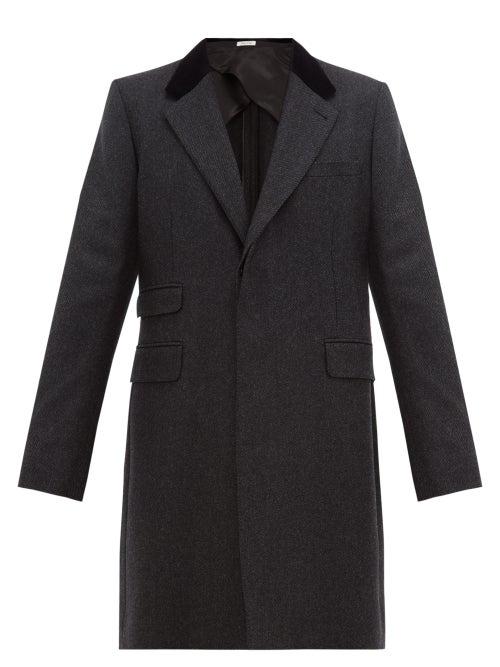 Matchesfashion.com Alexander Mcqueen - Velvet-collar Single-breasted Wool-twill Coat - Mens - Black Grey
