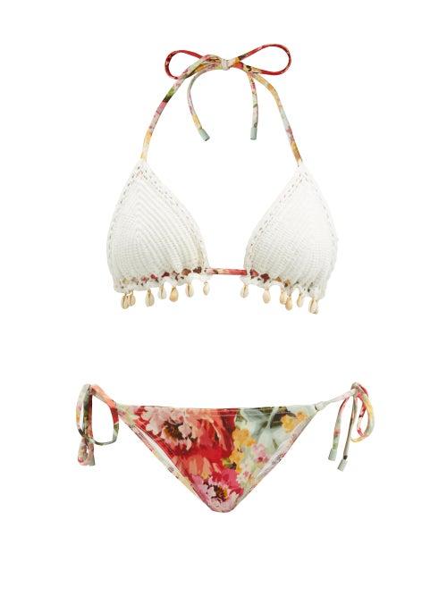 Matchesfashion.com Zimmermann - Mae Shell-trimmed Floral-print & Crochet Bikini - Womens - Orange Print
