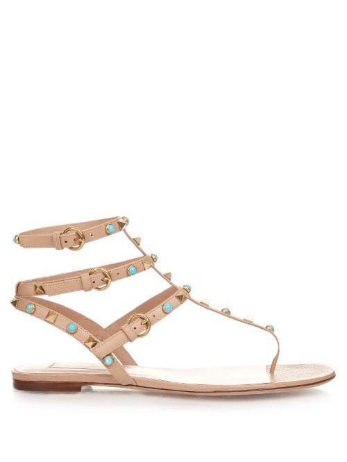 Valentino Rockstud Rolling Leather Flat Sandals
