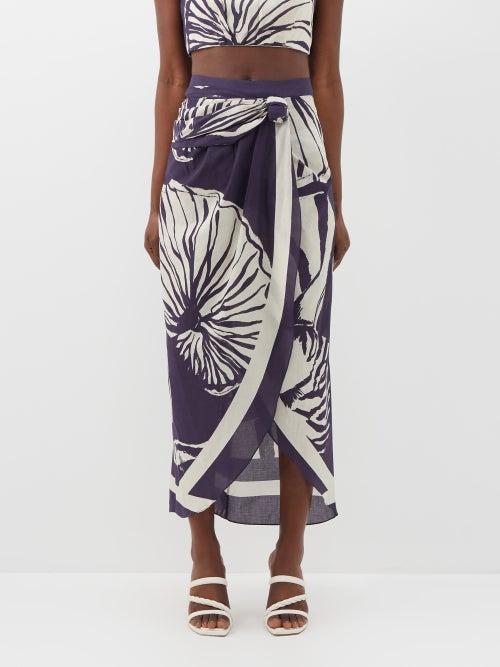 Johanna Ortiz - Sea Jewel Wrap-front Cotton-voile Midi Skirt - Womens - Navy Print