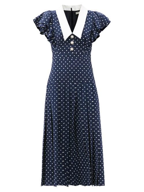 Matchesfashion.com Alessandra Rich - Pleated Polka-dot Silk Midi Dress - Womens - Navy White