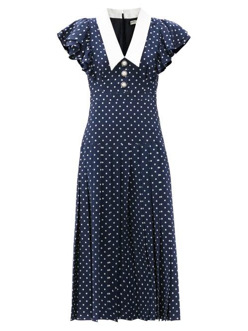 Matchesfashion.com Alessandra Rich - Pleated Polka-dot Silk Midi Dress - Womens - Navy White