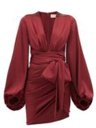 Matchesfashion.com Alexandre Vauthier - Plunge Neck Ruched Silk Blend Satin Dress - Womens - Burgundy