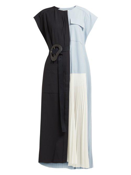 Matchesfashion.com Tibi - Edith Belted Pleated Crepe Midi Dress - Womens - Black Multi
