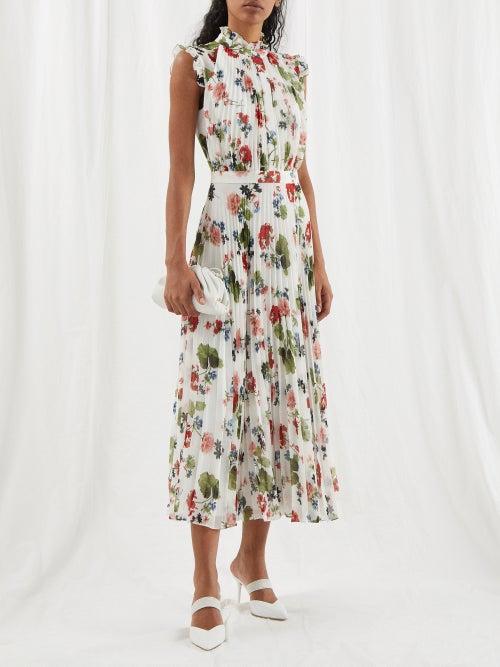 Erdem - Roisin Floral-print Pleated-voile Dress - Womens - White Multi