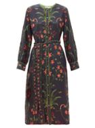 Matchesfashion.com D'ascoli - Belted Floral Print Silk Twill Dress - Womens - Black Multi