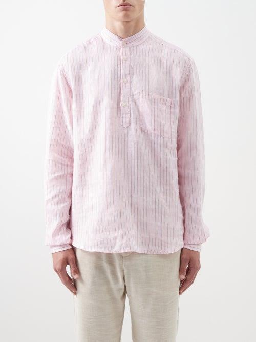 Thorsun - Stand-collar Striped Linen Shirt - Mens - Pink Multi