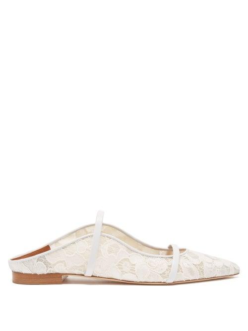 Malone Souliers - Maureen Backless Lace-embroidered Mesh Flats - Womens - White