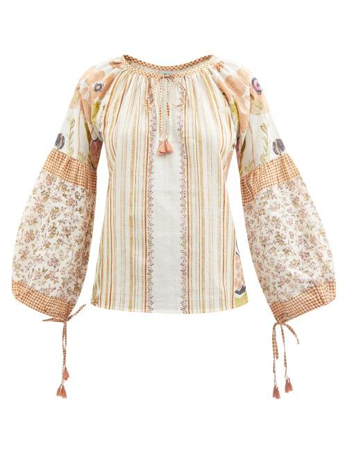 D'ascoli - Flora Floral-print Cotton-khadi Blouse - Womens - Brown Multi