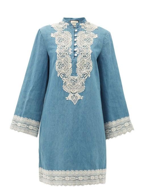 Matchesfashion.com Gucci - Lace-trimmed Stonewashed Chambray Dress - Womens - Blue