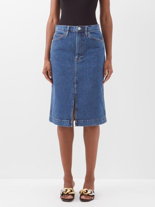 Frame - Slit-front Denim Midi Skirt - Womens - Blue