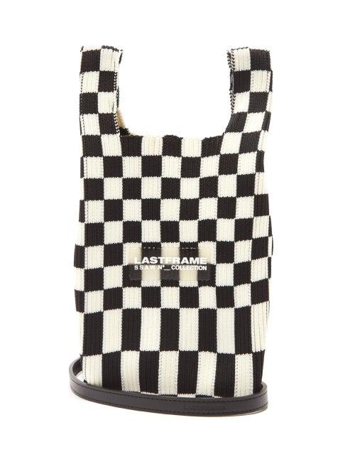 Lastframe - Mini Ichimatsu-check Ribbed-knit Tote Bag - Womens - Black White