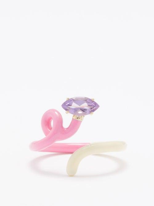 Bea Bongiasca - Baby Vine Tendril Amethyst, Enamel & 9kt Gold Ring - Womens - Pink Multi