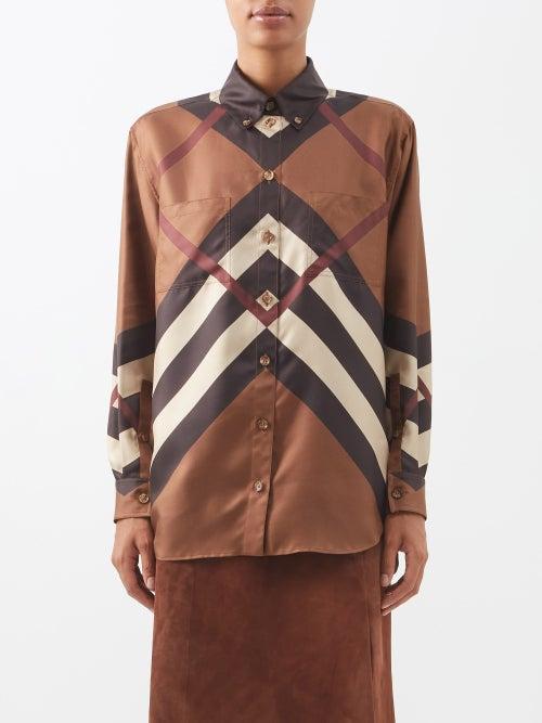 Burberry - Check Silk-twill Blouse - Womens - Dark Brown