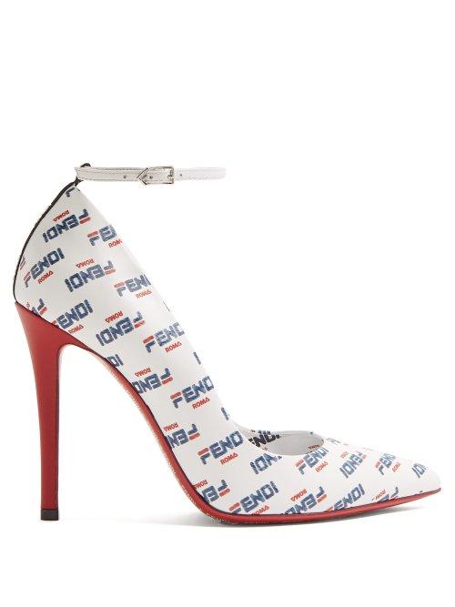 Matchesfashion.com Fendi - Mania Logo Print Leather Pumps - Womens - White Multi