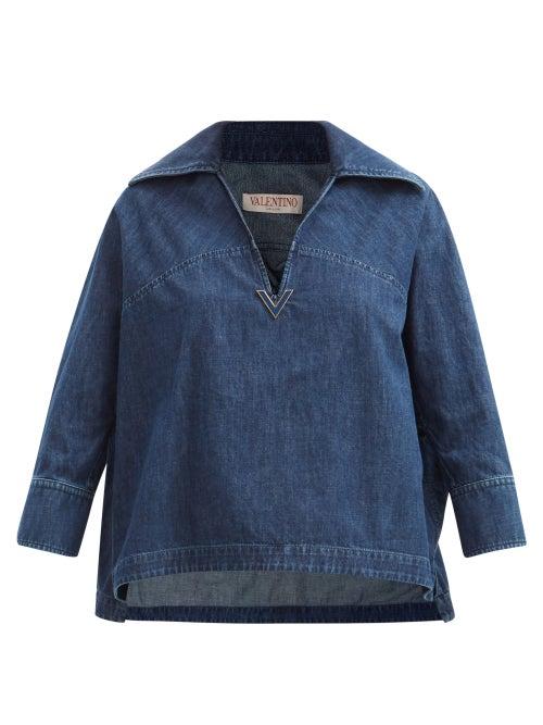 Valentino - V-plaque Cotton-chambray Blouse - Womens - Denim