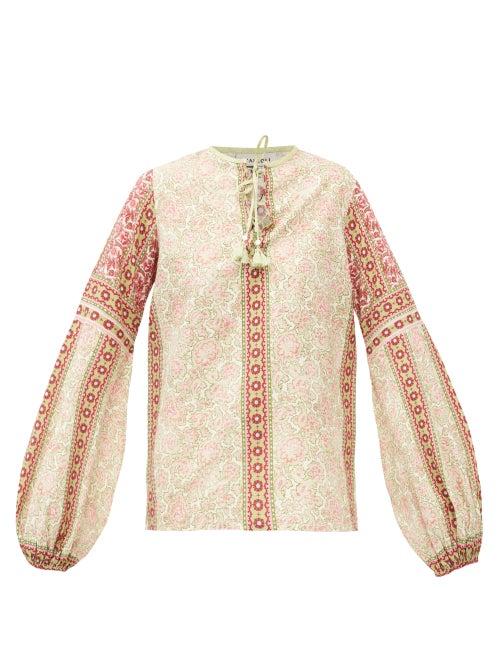 Matchesfashion.com D'ascoli - Kamilla Balloon-sleeve Cotton-khadi Blouse - Womens - Green Multi