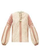 Matchesfashion.com D'ascoli - Kamilla Balloon-sleeve Cotton-khadi Blouse - Womens - Green Multi