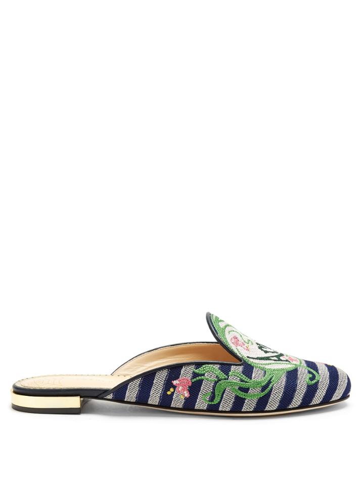 Charlotte Olympia Embroidered Backless Canvas Loafers