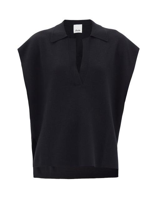 Allude - Open-collar Cotton-blend Top - Womens - Black