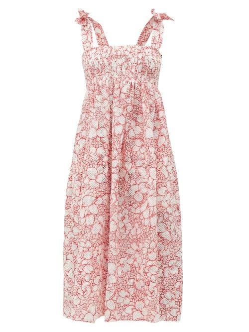 Matchesfashion.com Marysia - Sicily Shirred Broderie-anglaise Cotton Dress - Womens - Red Print