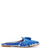 Matchesfashion.com Aquazzura - Fez Floral Embroidered Twill Backless Loafers - Womens - Blue