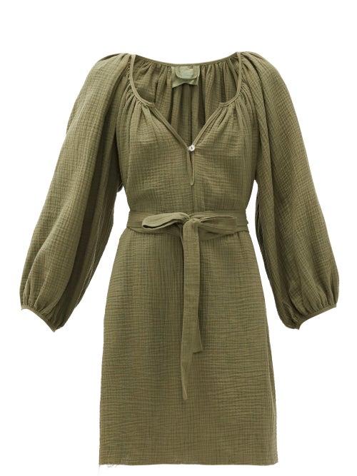 Matchesfashion.com Loup Charmant - Raw-hem Organic-cotton Gauze Dress - Womens - Dark Green