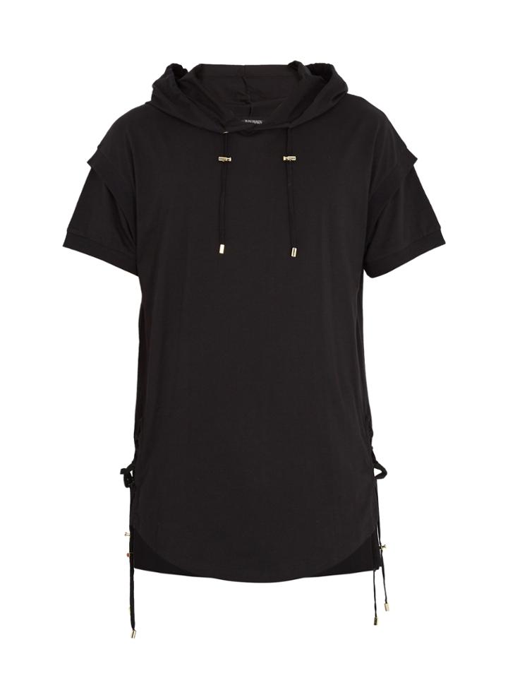 Balmain Side Lace-up Cotton Hooded T-shirt