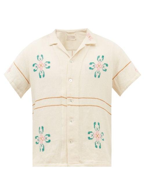 Harago - Cross-stitched Waffled-cotton Shirt - Mens - White Multi