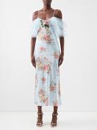 Rodarte - Tulle-sleeved Floral-print Silk-satin Dress - Womens - Blue Print